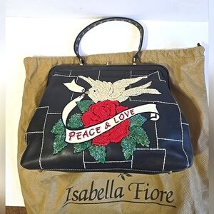 Isabella Fiore Rose Dove Peace & Love Black Top Handle Beaded Satchel